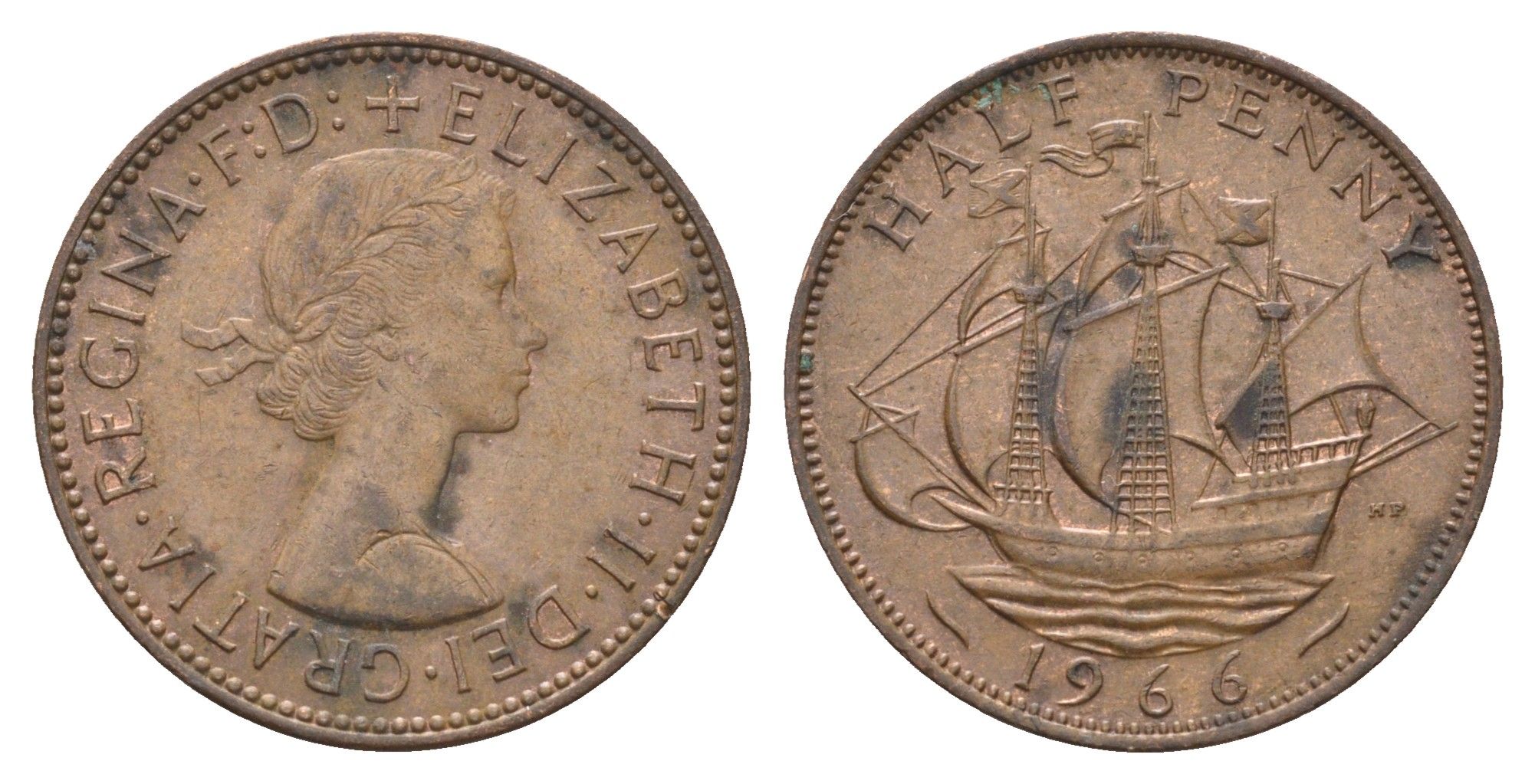 Великобритания 1/2 пенни 1966 Елизавета II (1952-2022) KM 896, Spink 4158 бронза 4663-117