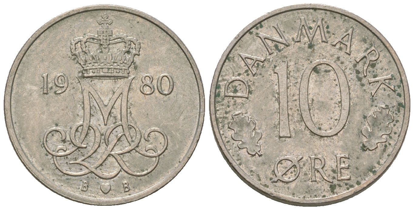 Дания 10 эре 1980 Маргрете II (1972-2024) KM 860.2 медно-никель 4651-125