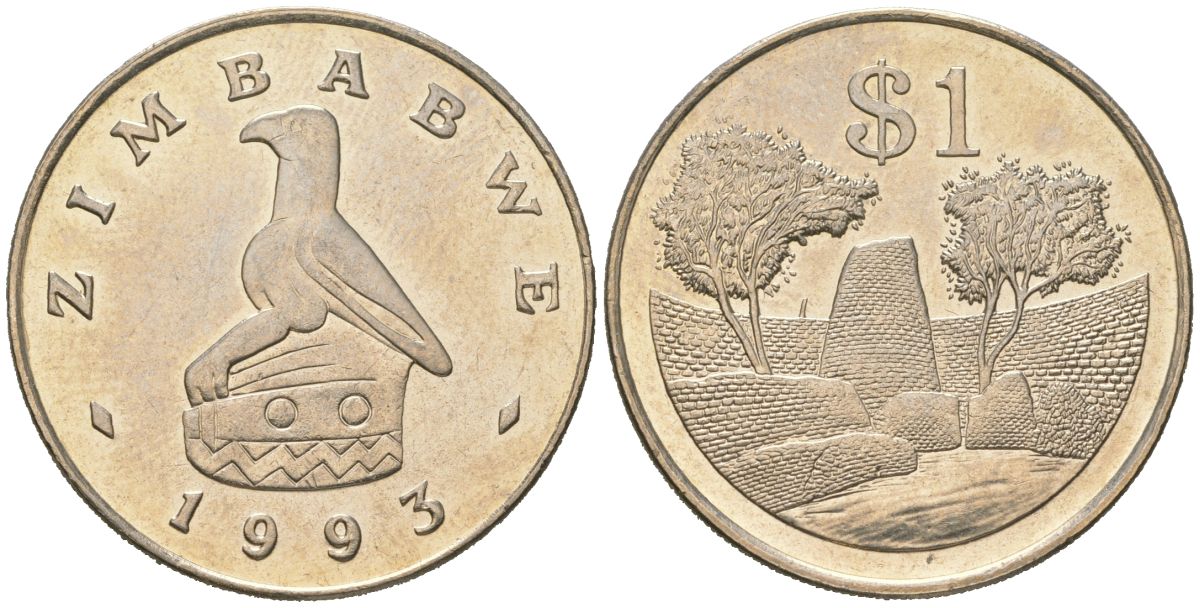 Зимбабве 1 доллар 1993 руины большого Зимбабве KM 6 медно-никель UNC 106-744