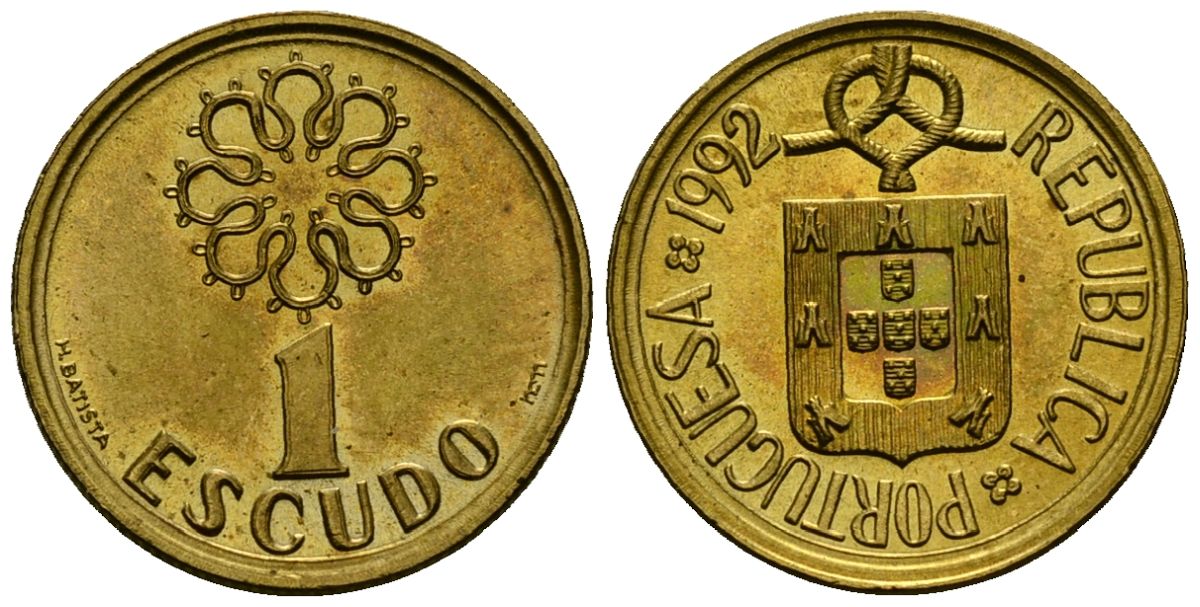 Португалия 1 эскудо 1992 KM 631 никель латунь 4164-1115