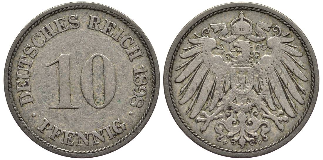 Германия 10 пфеннигов 1898 F KM 12, Jager 13, Weege 8 медно-никель 219-314