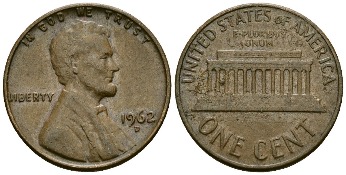 США 1 цент 1962 D KM 201 медь цинк 4136-957