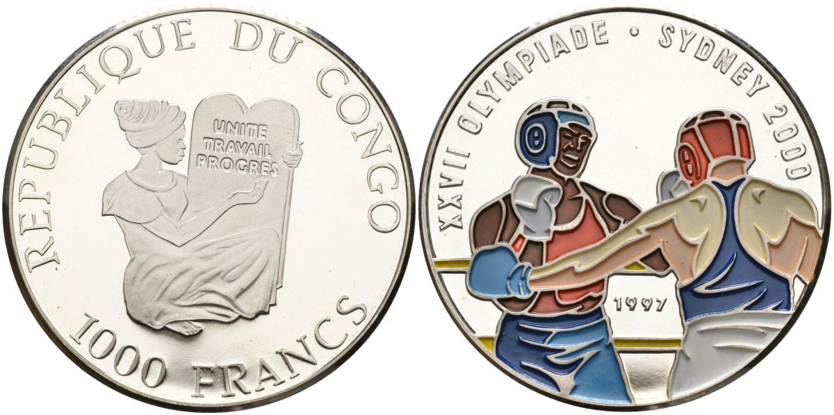 Конго 1000 франков 1997 XXVII олимпийские игры в Сиднее, бокс, цветная эмаль, тираж 500 экз. KM 28.1 серебро PROOF 04-322-21