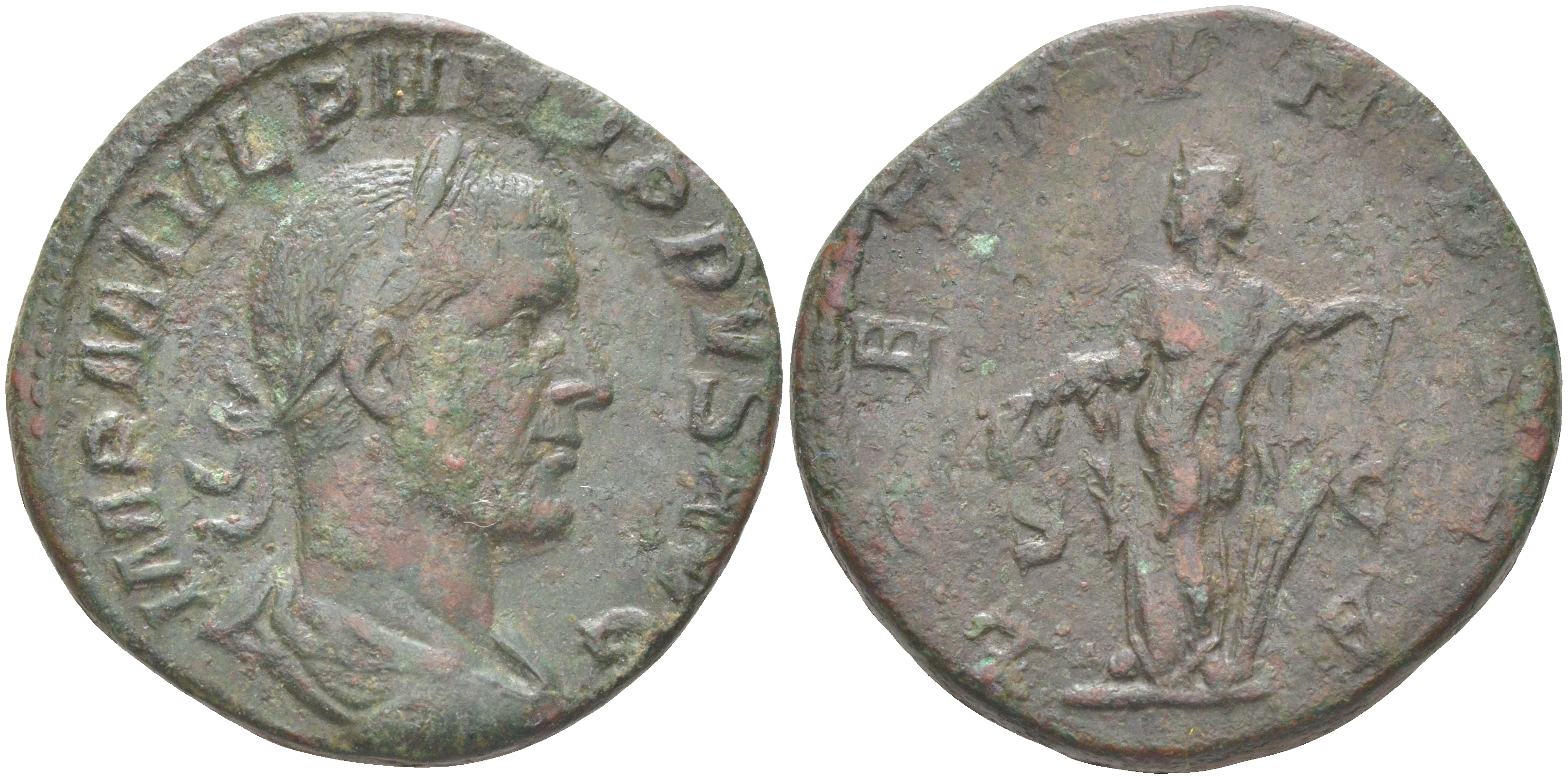 Римская Империя сестерций 244 - 249 Филипп I Араб, бюст императора, IMP M IVL PHILIPPVS AVG / Летиция, персонификация Радости, LAET FVNDATA S C, Рим RIC 175a бронза 1073-7-13