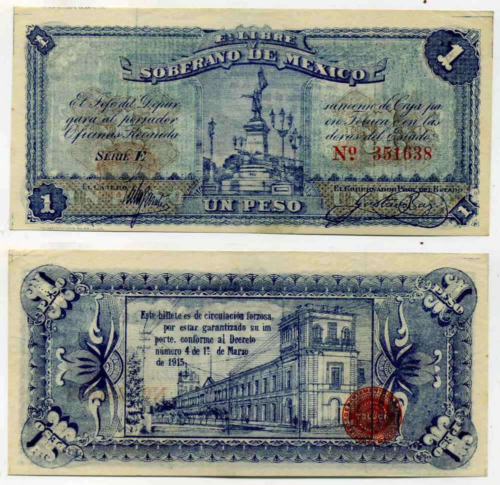 МЕКСИКА 1 ПЕСО 1915 SOBERANO DE MEXICO, СЕРИЯ F Pick S881 бумага UNC (ПРЕСС) 8589-56-1-1