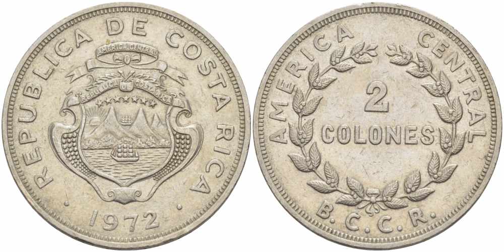 Коста-Рика 2 колона 1972 v, В.С.С.R., парусник KM 187.2 медно-никель 37-514