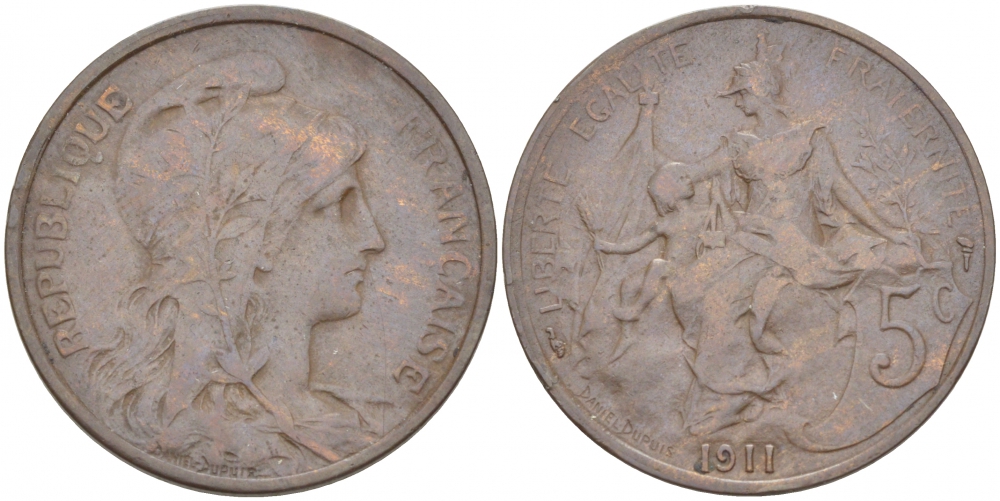 ФРАНЦИЯ 5 САНТИМОВ 1911 ТИП ДАНИЭЛЬ ДЮПЮИ KM 842, LE FRANC 119.23 бронза 77-856