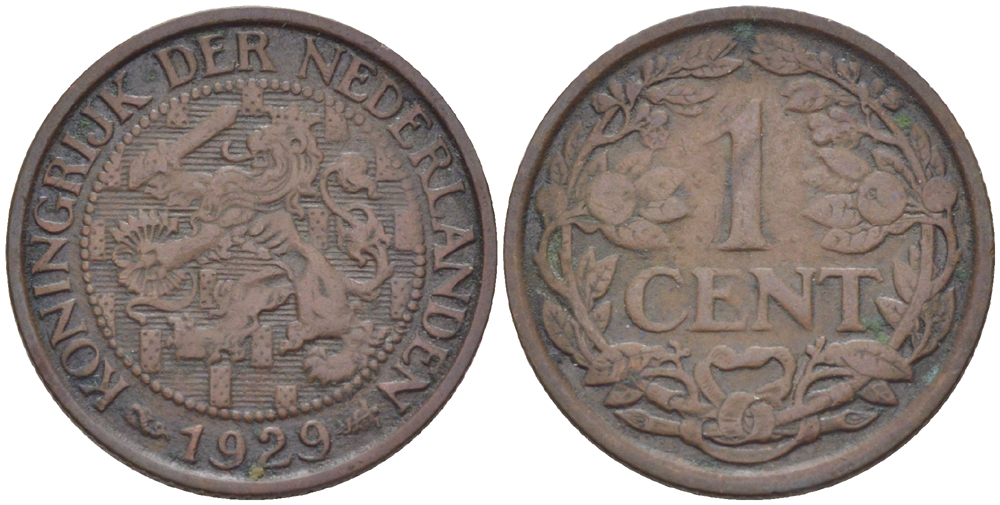 НИДЕРЛАНДЫ 1 ЦЕНТ 1929 ВИЛЬГЕЛЬМИНА (1890-1948) KM 152 бронза 76-162