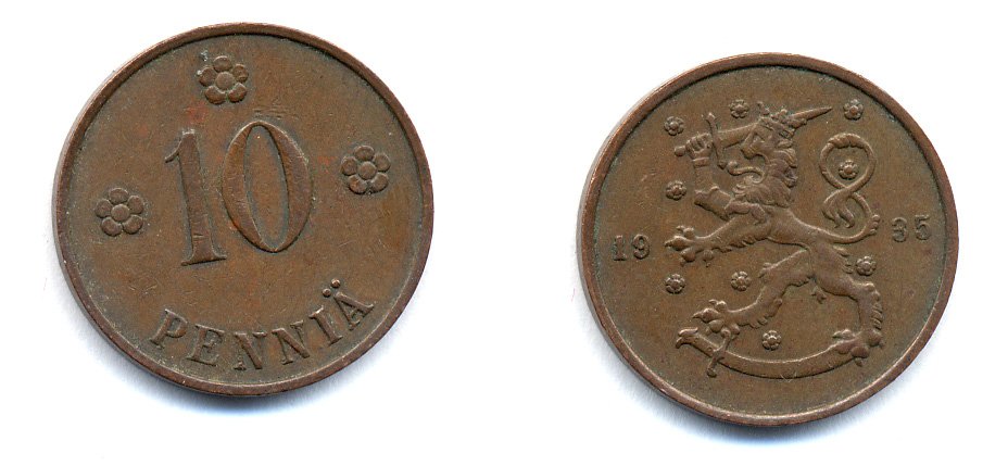 Финляндия 10 пенни 1935 республика (1918-1962) KM 24 медь 51-5456