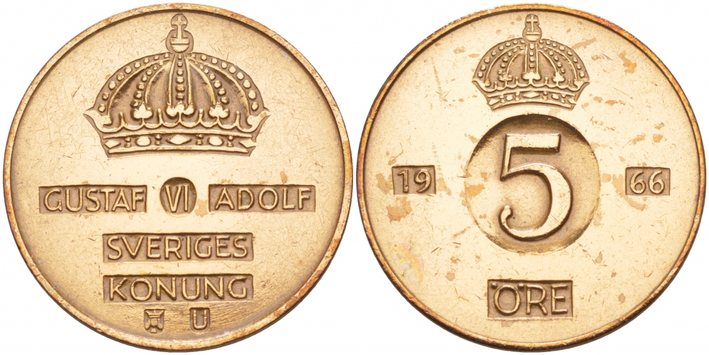 Швеция 5 эре 1966 U Густав VI Адольф (1950-1973) KM 822 бронза 4548-422