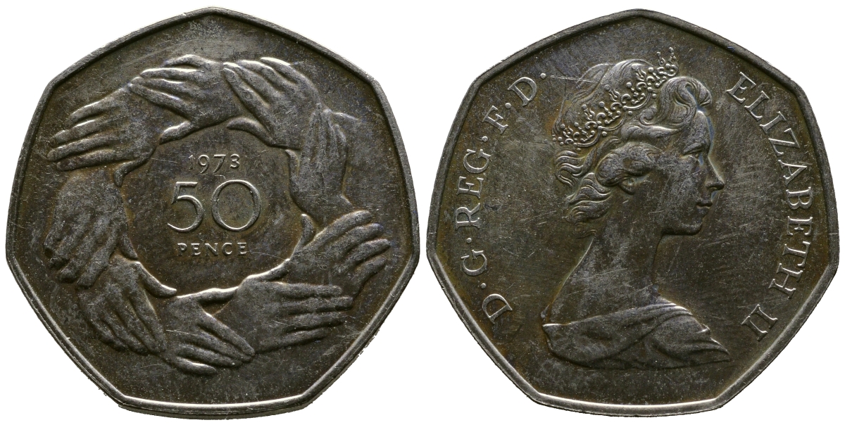 Великобритания 50 пенсов 1973 Елизавета II (1952-2022), вступление в Европейское экономическое сообщество KM 918, Spink 4224 медно-никель 3334-134