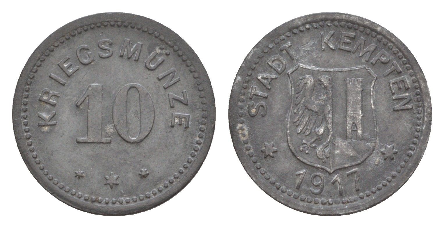Кемптен 10 пфеннигов 1917 Funck 242.1, Men18 16228.1 цинк 4547-542