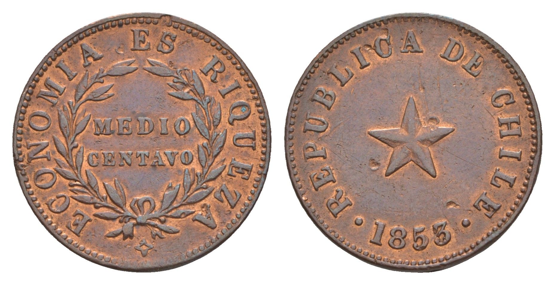 Чили 1/2 сентаво 1853 год-тип KM 126 медь 1519-624