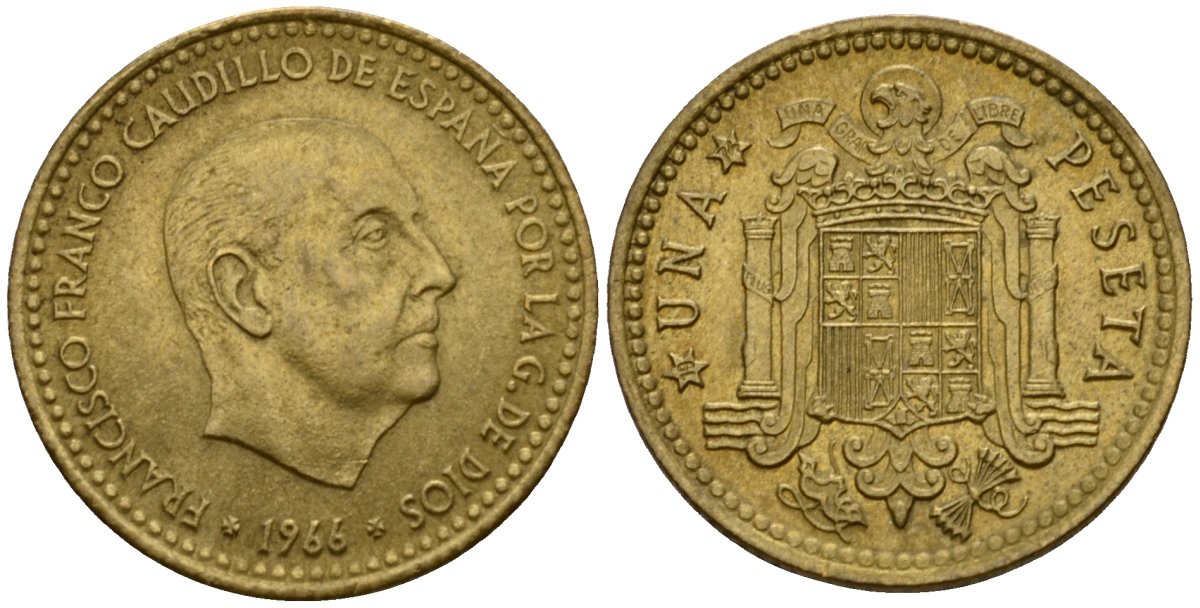 Испания 1 песета 1966 (74) Франсиско Франко (1939-1975) KM 796 алюминиевая бронза 3955-924