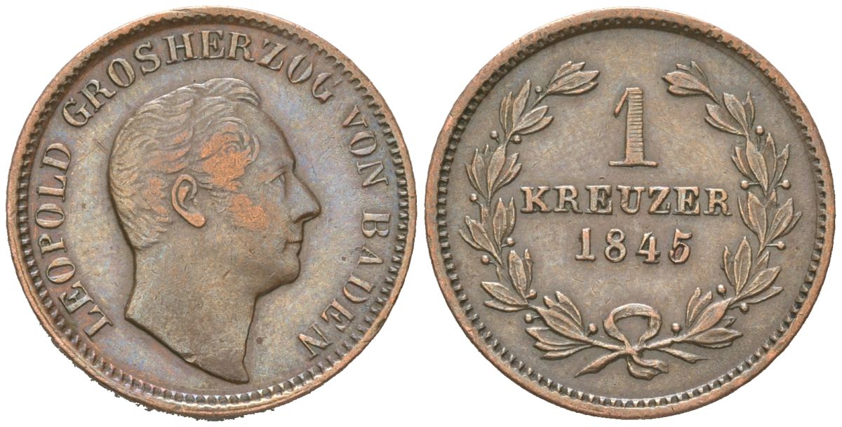 Баден 1 крейцер 1845 Леопольд I (1830-1852) KM 218.1, ASK 107 медь 4615-132