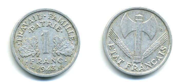 ФРАНЦИЯ 1 ФРАНК 1943 LB, ТИП LEGERE, ПРАВИТЕЛЬСТВО ВИШИ KM 902.1, LE FRANC 223.3 алюминий 84-241