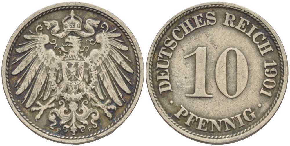 ГЕРМАНИЯ 10 ПФЕННИГОВ 1901 F KM 12, J. 13 медно-никель 4401-1226
