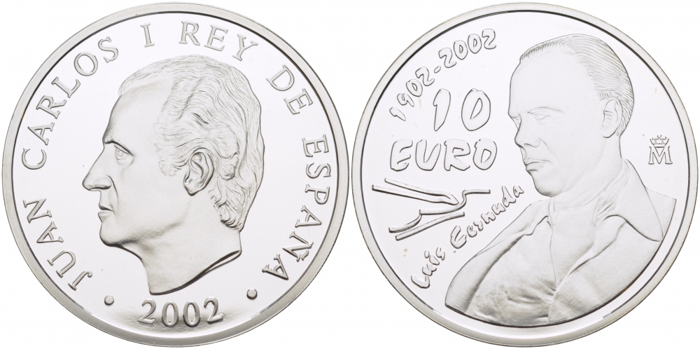 Испания 10 евро 2002 100 лет со дня рождения поэта Луиса Сернуда KM 1087 серебро PROOF 11-162-35