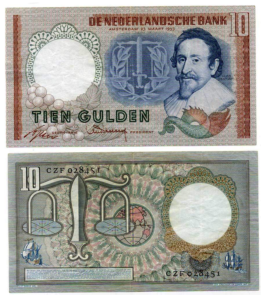 НИДЕРЛАНДЫ 10 ГУЛЬДЕНОВ 1953 АМСТЕРДАМ, 23 МАРТА 1953, ГУГО ГРОЦИЙ Pick 85 бумага 7204-31-3