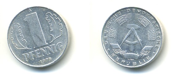 ГДР 1 ПФЕННИГ 1975 A KM 8.1 алюминий 4379-215