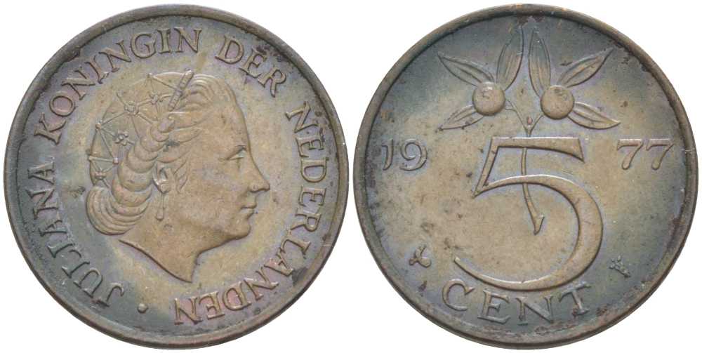 Нидерланды 5 центов 1977 Юлиана (1948-1980) KM 181 бронза 213-1137