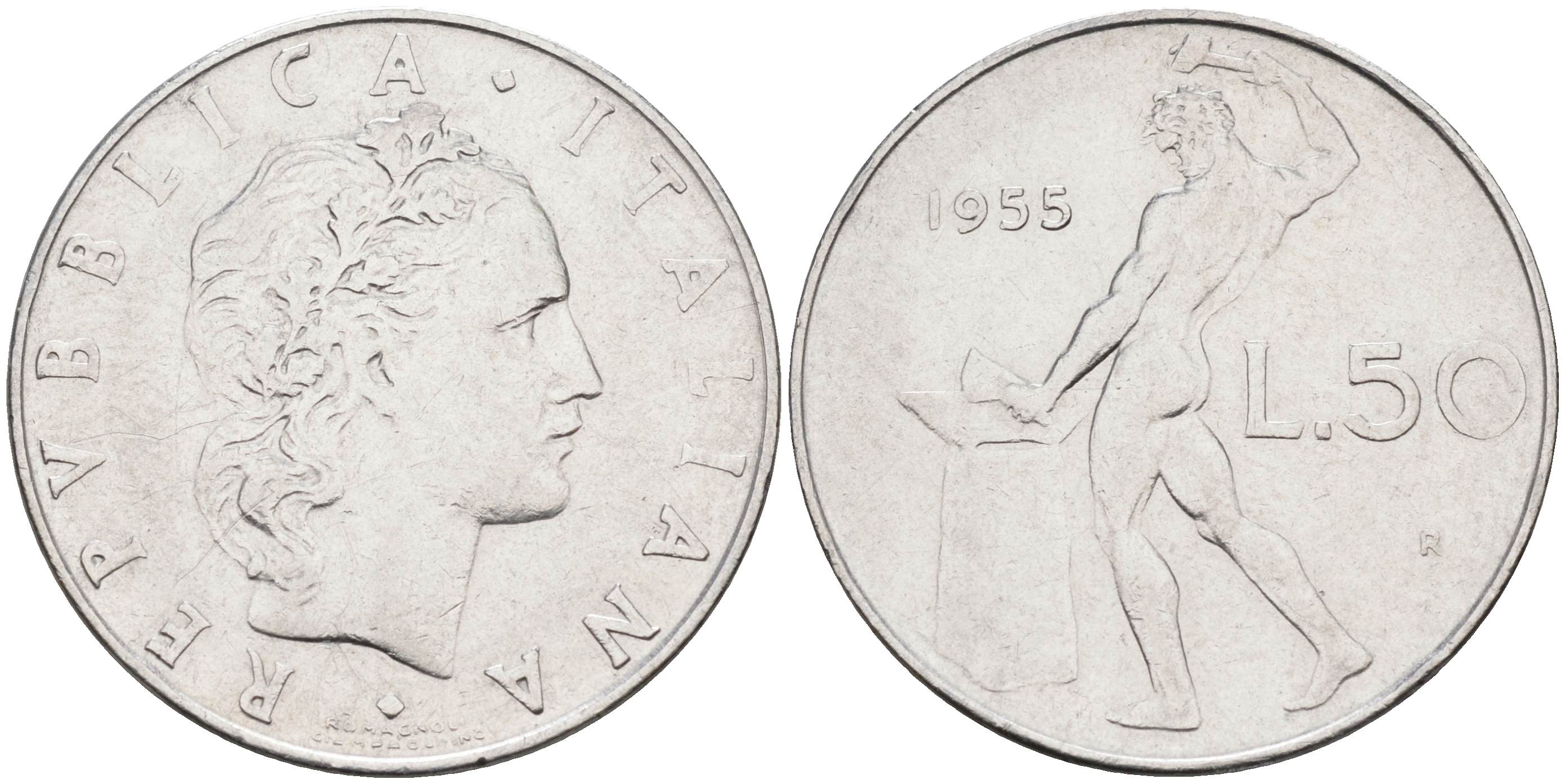 Италия 50 лир 1955 R, бог огня Вулкан у наковальни KM 95.1 нержавеющая сталь    4116-343