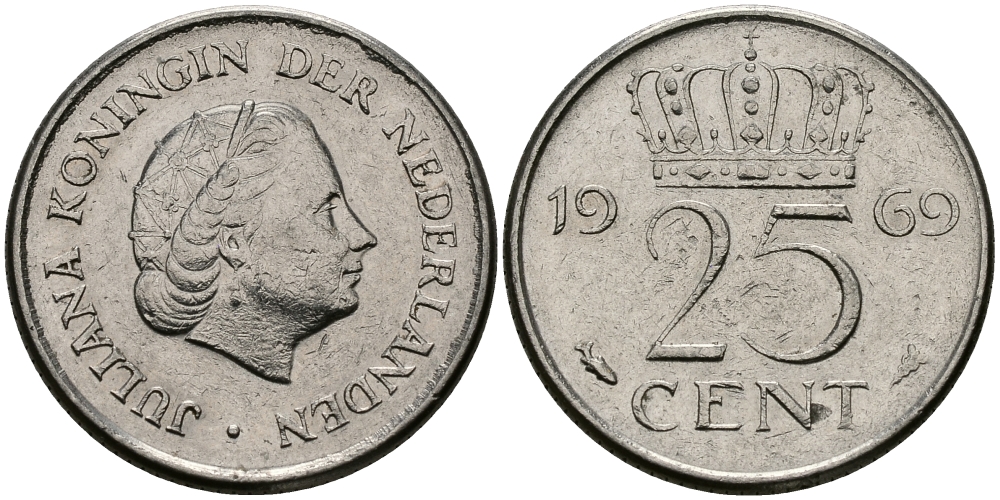 Нидерланды 25 центов 1969 Юлиана (1948-1980) KM 183 никель 96-213