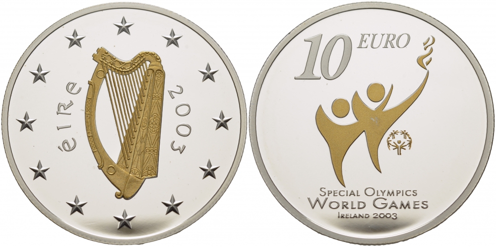 Ирландия 10 евро 2003 специальные Олимпийские игры в Ирландии 2003, позолота KM 41 серебро PROOF 1081-5-53