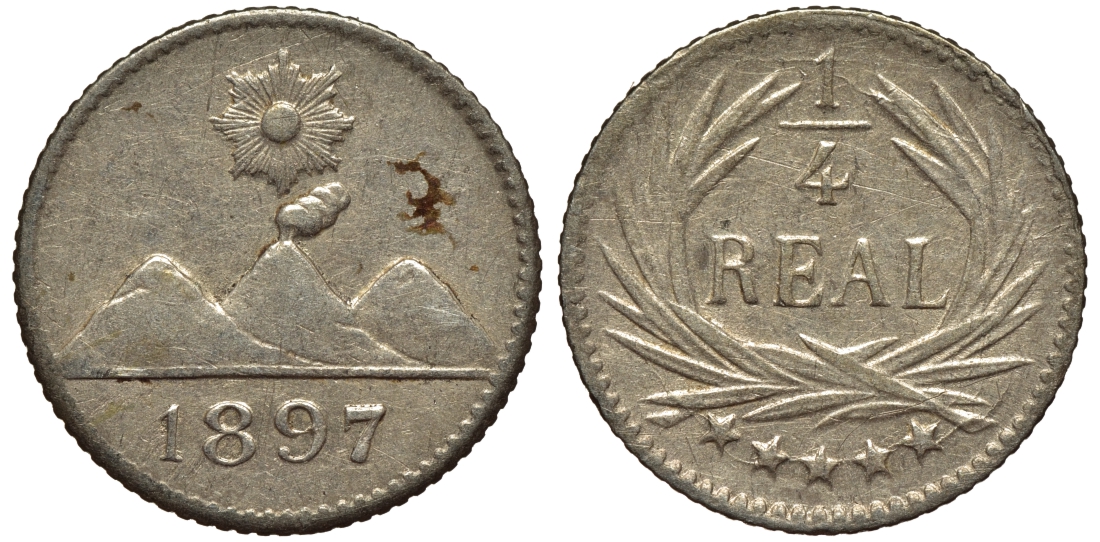 Гватемала 1/4 реала 1897 5 звезд, Испанское правление KM 162 серебро 4549-1139
