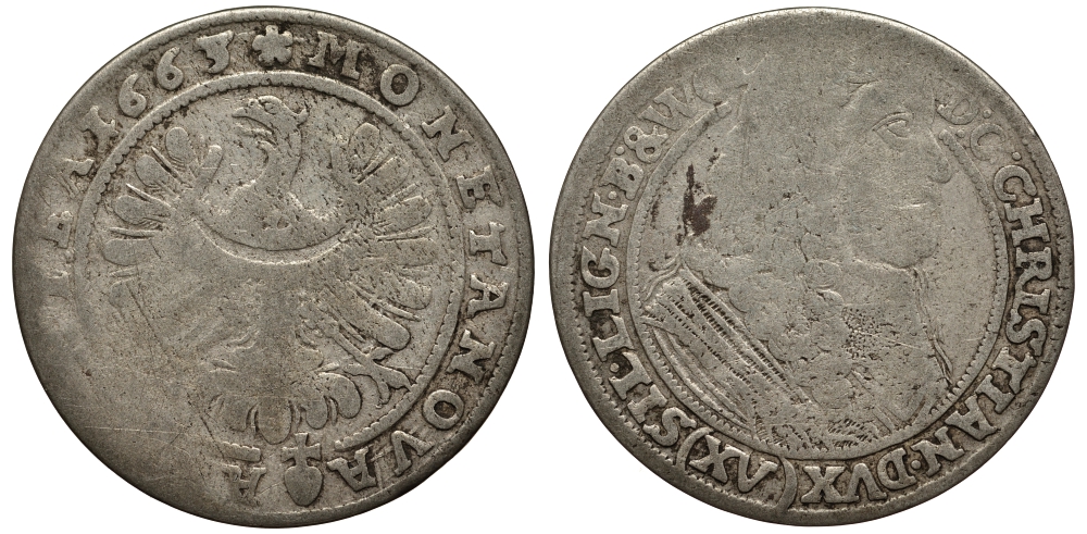 Силезия-Легница-Бжег 15 крейцеров 1663 Кристиан (1639-1673) серебро 413-1224