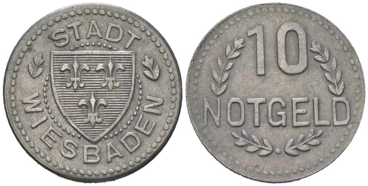 Висбаден (Пруссия, Гессен-Нассау) 10 пфеннигов 1920 Funck?601.3, Men18?34117.3 цинк aUNC 4151-1254