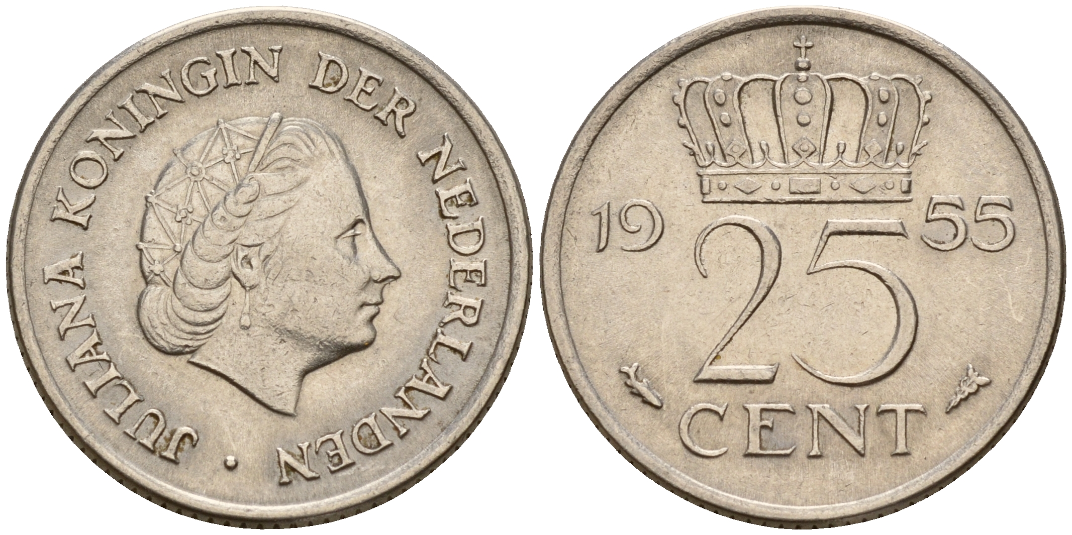 Нидерланды 25 центов 1955 Юлиана (1949-1980) KM 183 никель    4598-349