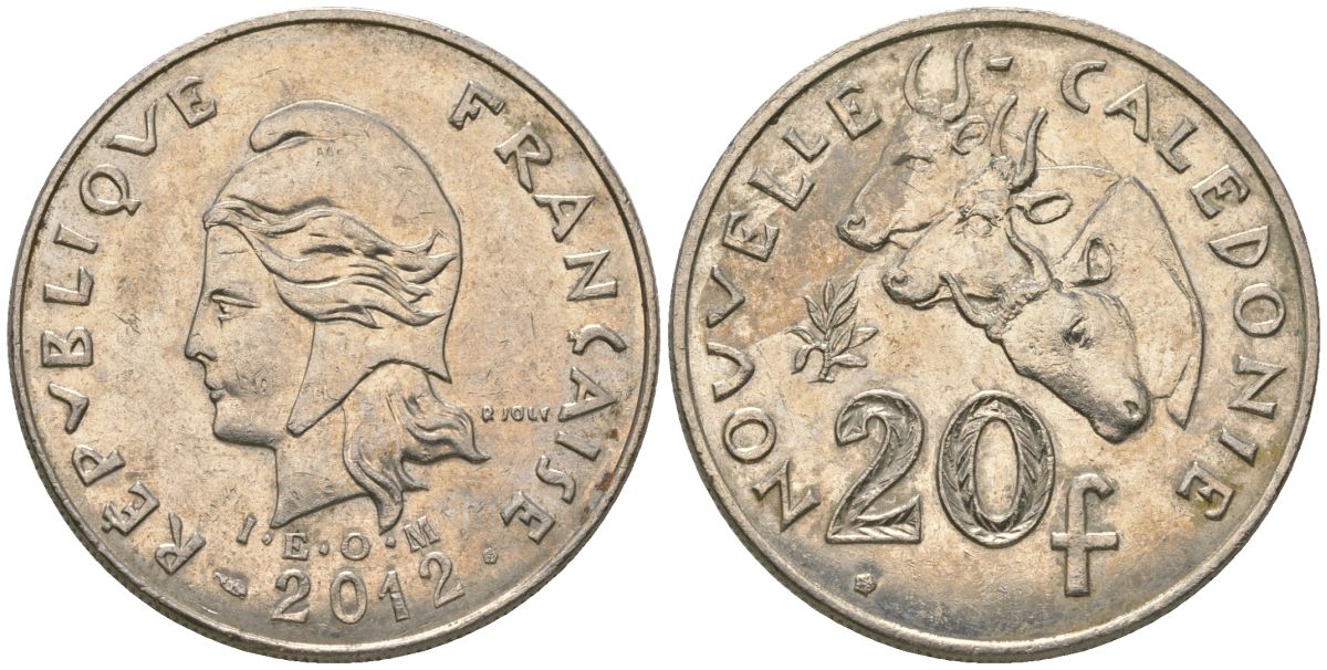 Французская Новая Каледония 20 франков 2012 три быка, (IEOM) KM 12a, Schoen 14a, Lec 115j медно-никель 84-1041