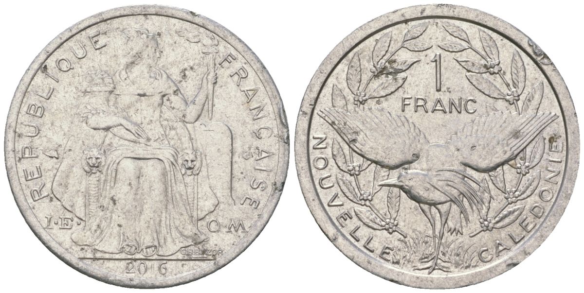 Французская Новая Каледония 1 франк 2016 птица кагу, (IEOM) KM 10, Schoen 10 алюминий 33-957