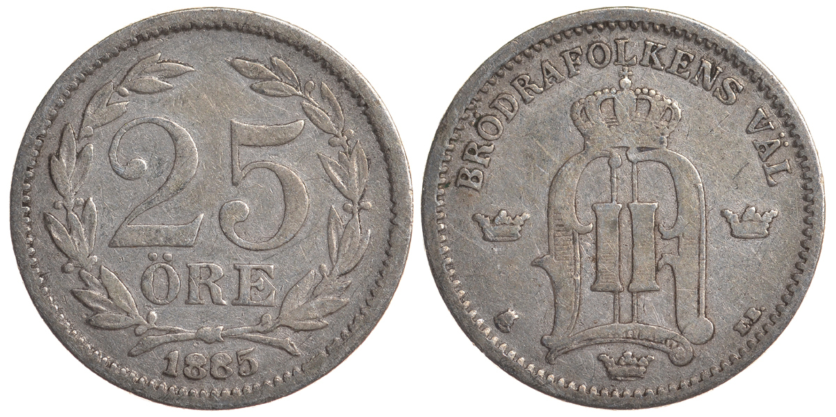 Швеция 25 эре 1885 EB, Оскар II (1872-1907) король Швеции и Норвегии KM 739 серебро 4179-819
