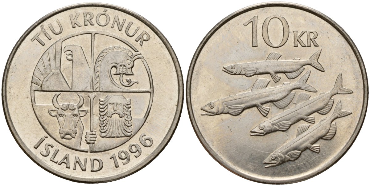 Исландия 10 крон 1996 KM 29.1a сталь плакированная никелем 4156-334