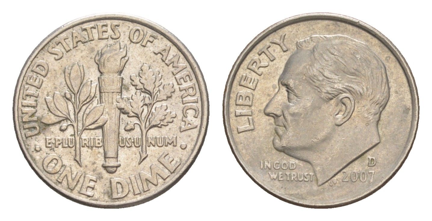 США 1 дайм (10 центов) 2007 D, президент Рузвельт KM 195a медь плакированная медно-никелем 4649-1265