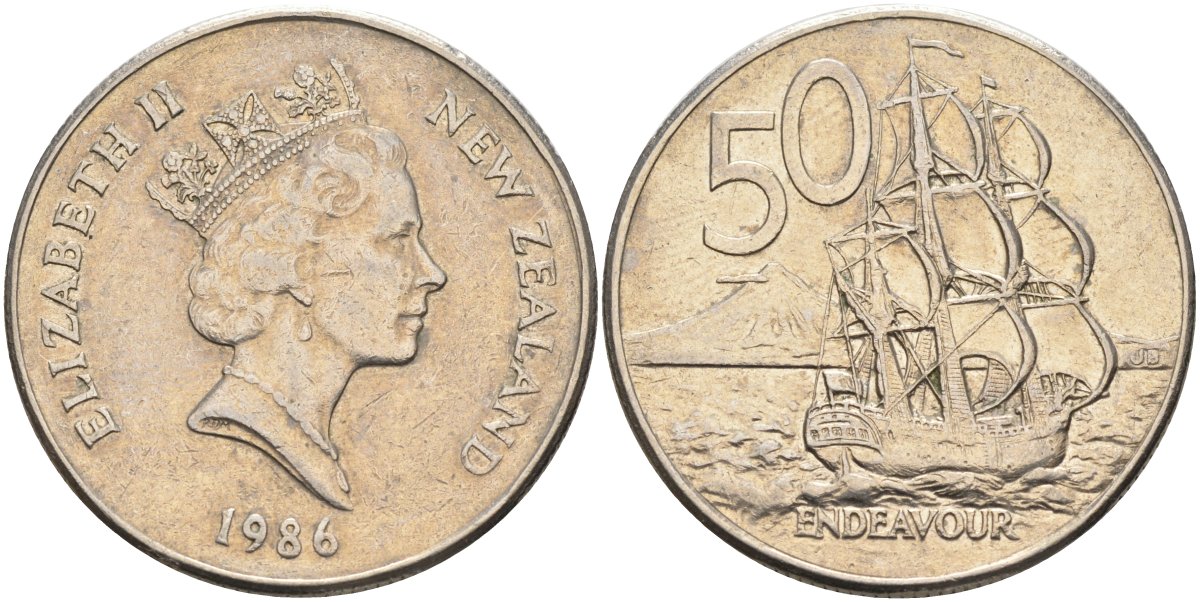 Новая Зеландия 50 центов 1986 Елизавета II (1952-2022), парусник Индевор KM 63 медно-никель 4131-1231