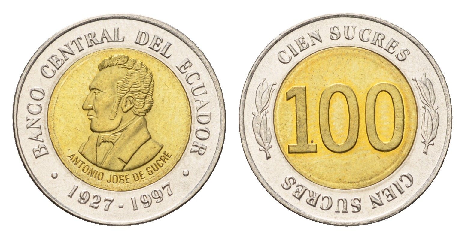 Эквадор 100 сукре 1997 70 лет Центробанку KM 101 биметалл UNC 4697-429