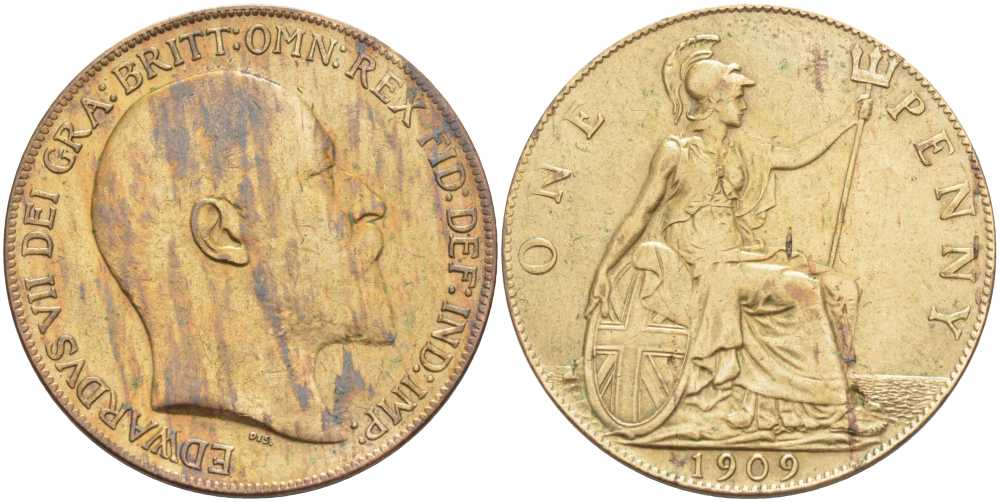 Великобритания 1 пенни 1909 Эдуард VII (1901-1910) KM 794.2, Spink 3990 бронза 180-112