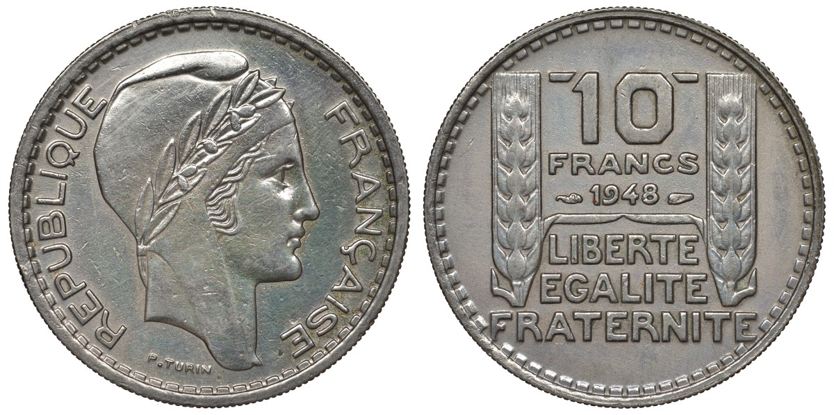 Франция 10 франков 1948 тип Пьер Турин KM 909.1, Le Franc 362.3 медно-никель 4123-543