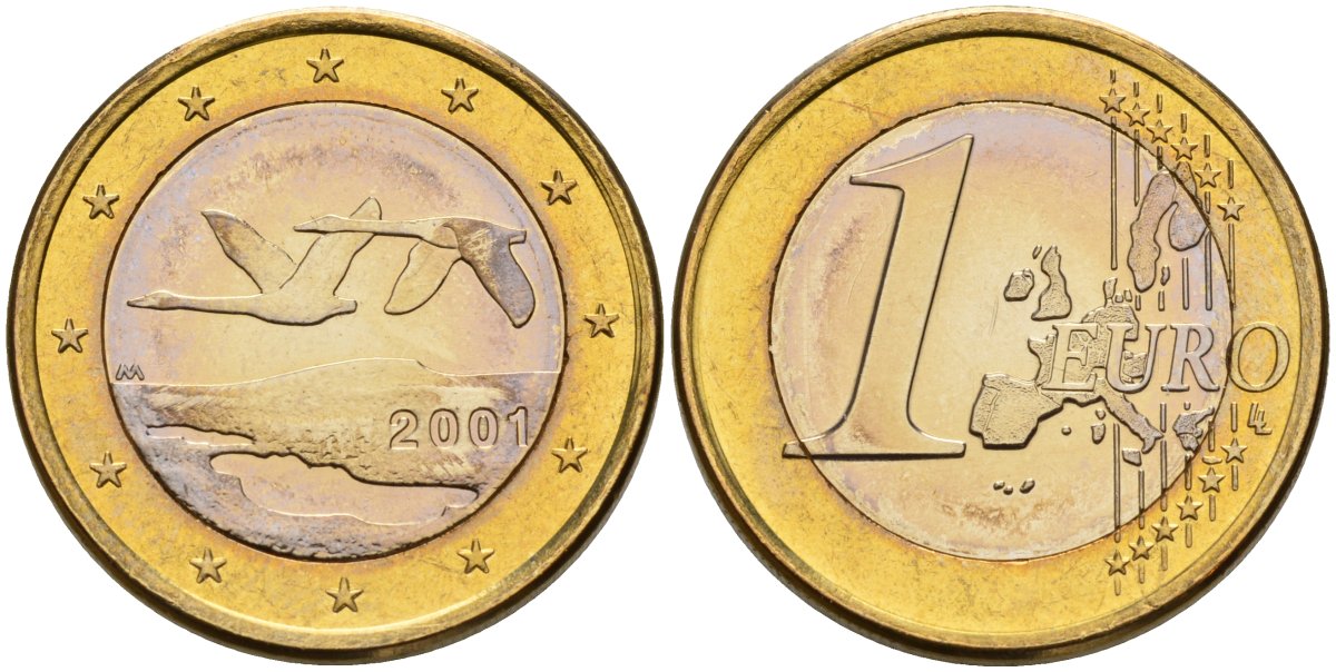 Финляндия 1 евро 2001 M, два лебедя в полете KM 104 биметалл UNC M57-10