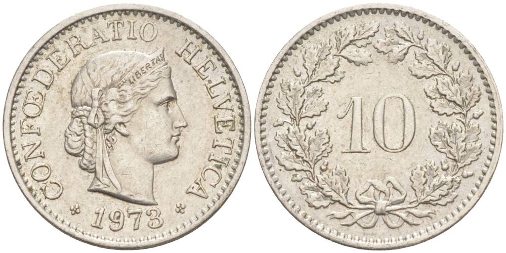 Швейцария 10 раппенов 1973 KM 27 медно-никель 55-446