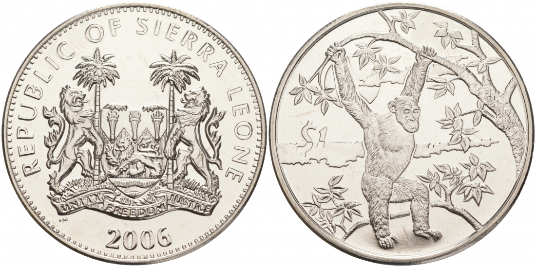 Сьерра-Леоне 1 доллар 2006 серия защита окружающей среды, шимпанзе (обезьяна) KM 313 медно-никель UNC M20-21
