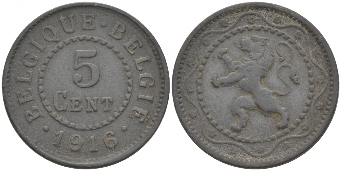 Бельгия 5 сантимов 1916 Belgique-Belgie, германская оккупация, I-ая мировая война KM 80 цинк 44-134