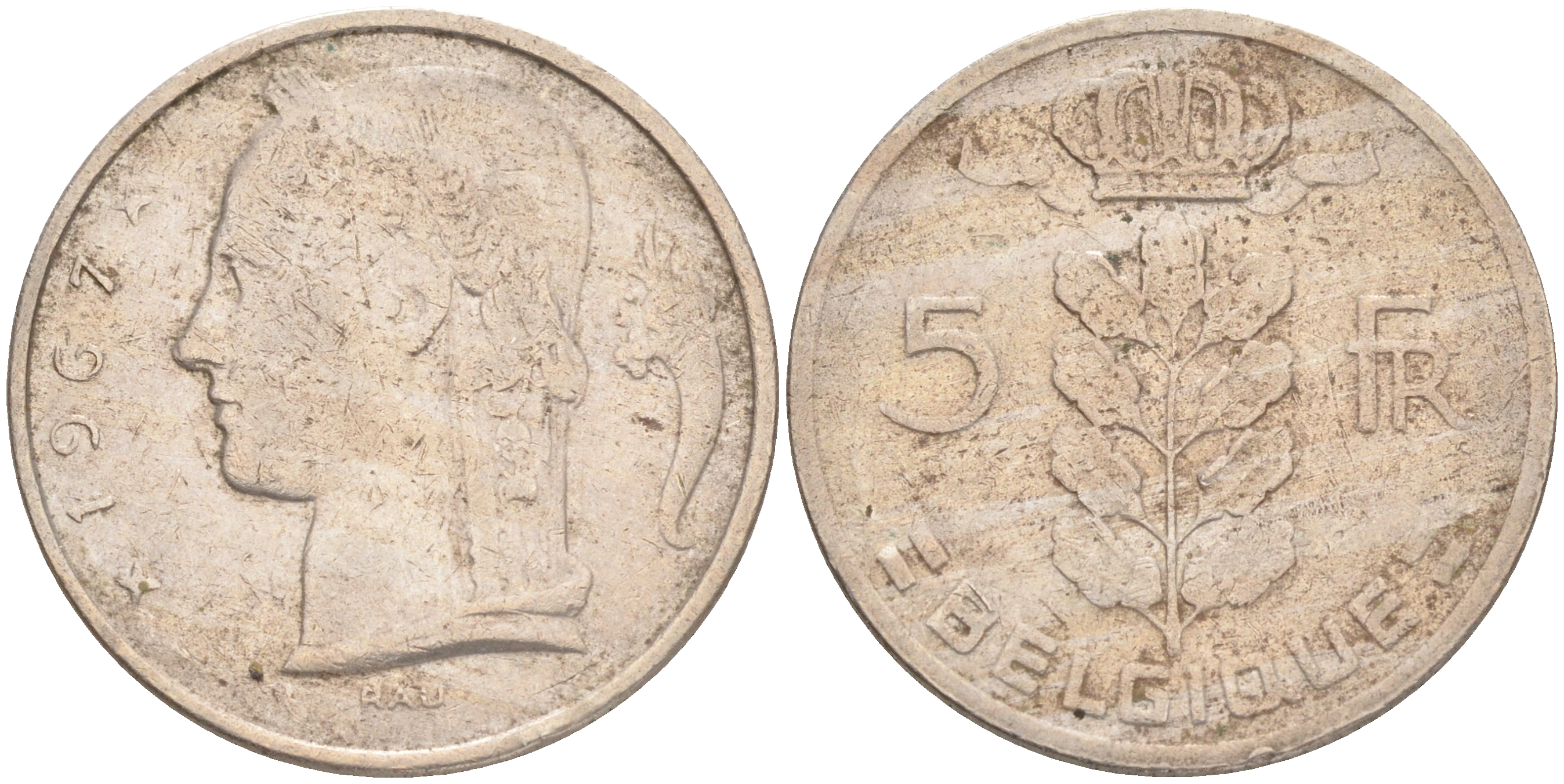 БЕЛЬГИЯ 5 ФРАНКОВ 1967 BELGIQUE KM 134.1 медно-никель 4556-424