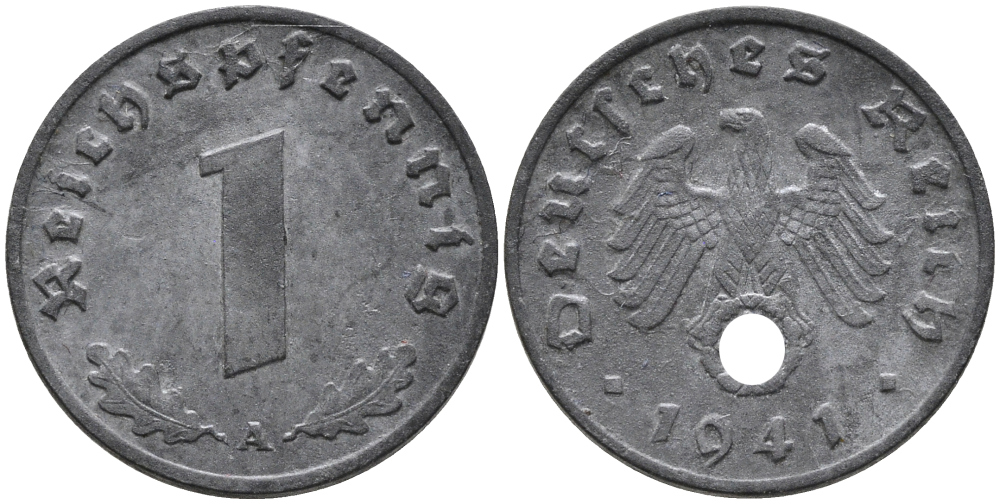 ГЕРМАНИЯ 1 РЕЙХСПФЕННИГ 1941 A KM 97, J.369 цинк 96-666