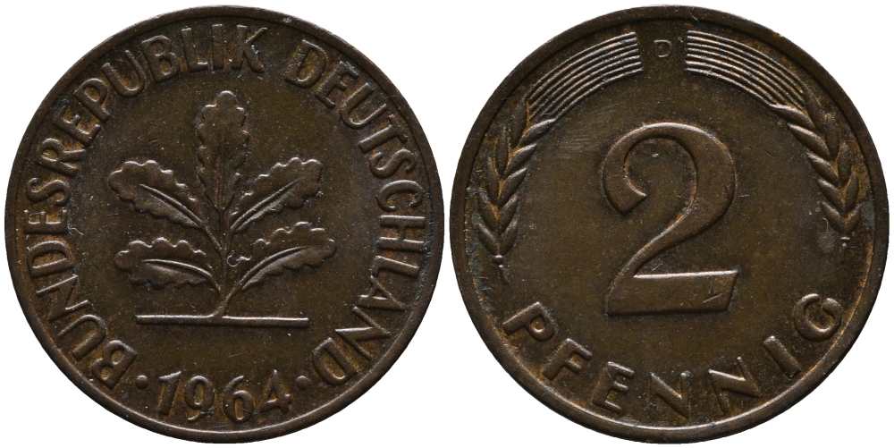 ФРГ 2 пфеннига 1964 D KM 106, J.381 бронза 99-137