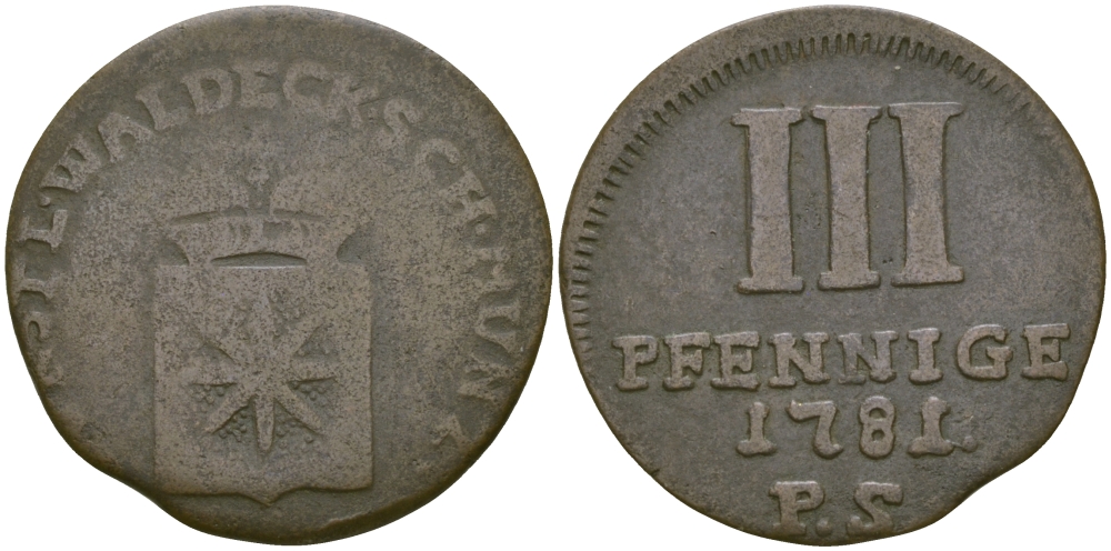 Вальдек-Пирмонт 3 пфеннига 1781 PS KM 44 медь 65-635