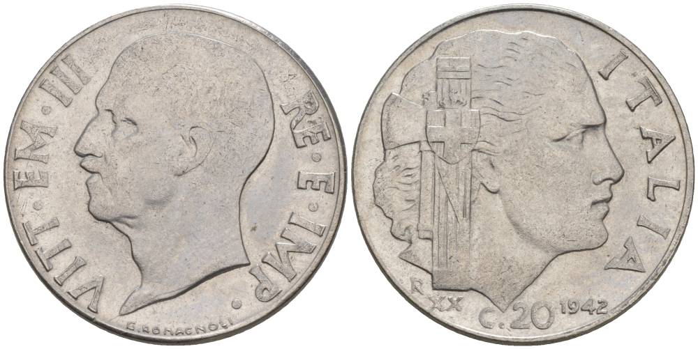 ИТАЛИЯ 20 ЧЕНТЕЗИМО 1942 R, ГОД XX, ВИКТОР ЭММАНУИЛ III (1900-1946), МАГНИТНАЯ, ГУРТ РИФЛЁНЫЙ KM 75b, VEM3. 1029 нержавеющая сталь 3853-443